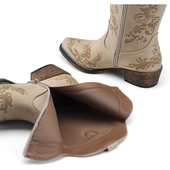 Dream Pairs Women's Beige Western Low Chunky Heels Square Toe Fall Ankle Boots - Picture 5 of 7